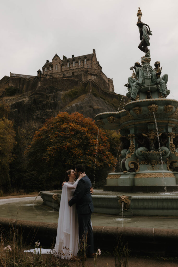 American couple cinematic engagement portrait Old Town Edinburgh