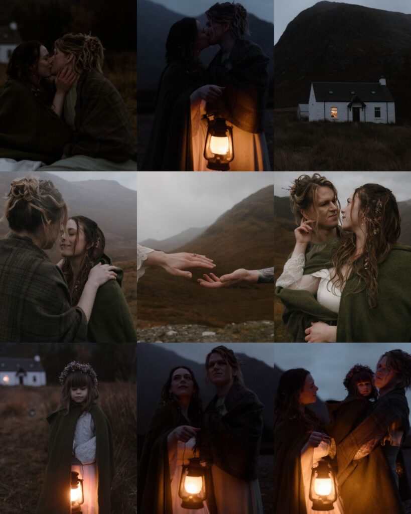 Cinematic LGBTQ+ Glencoe elopement portraits captured by Aly Robinson Photography, featuring lantern-lit moments, the wee white house, emotional Highland scenery, and intimate couple photography.